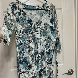 Aventura Floral Boho Top in Teal, Cream, Brown 100% Organic Cotton w Tie Belt